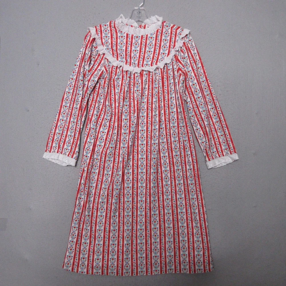 Lanz of Salzburg Nightgown Girls Large Red White Floral Stripe Flannel Ruffle